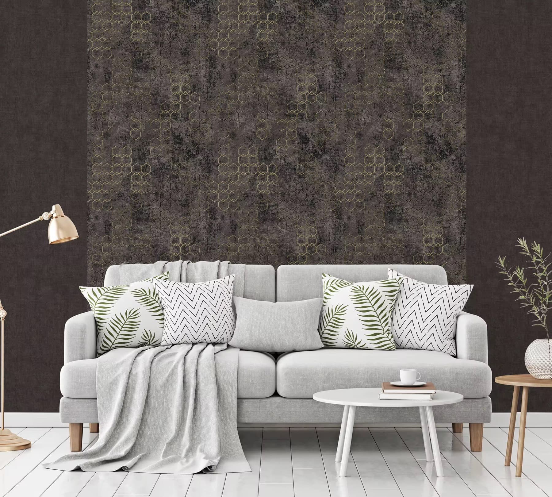 Gold geometric designer wallpaper in a refined interior