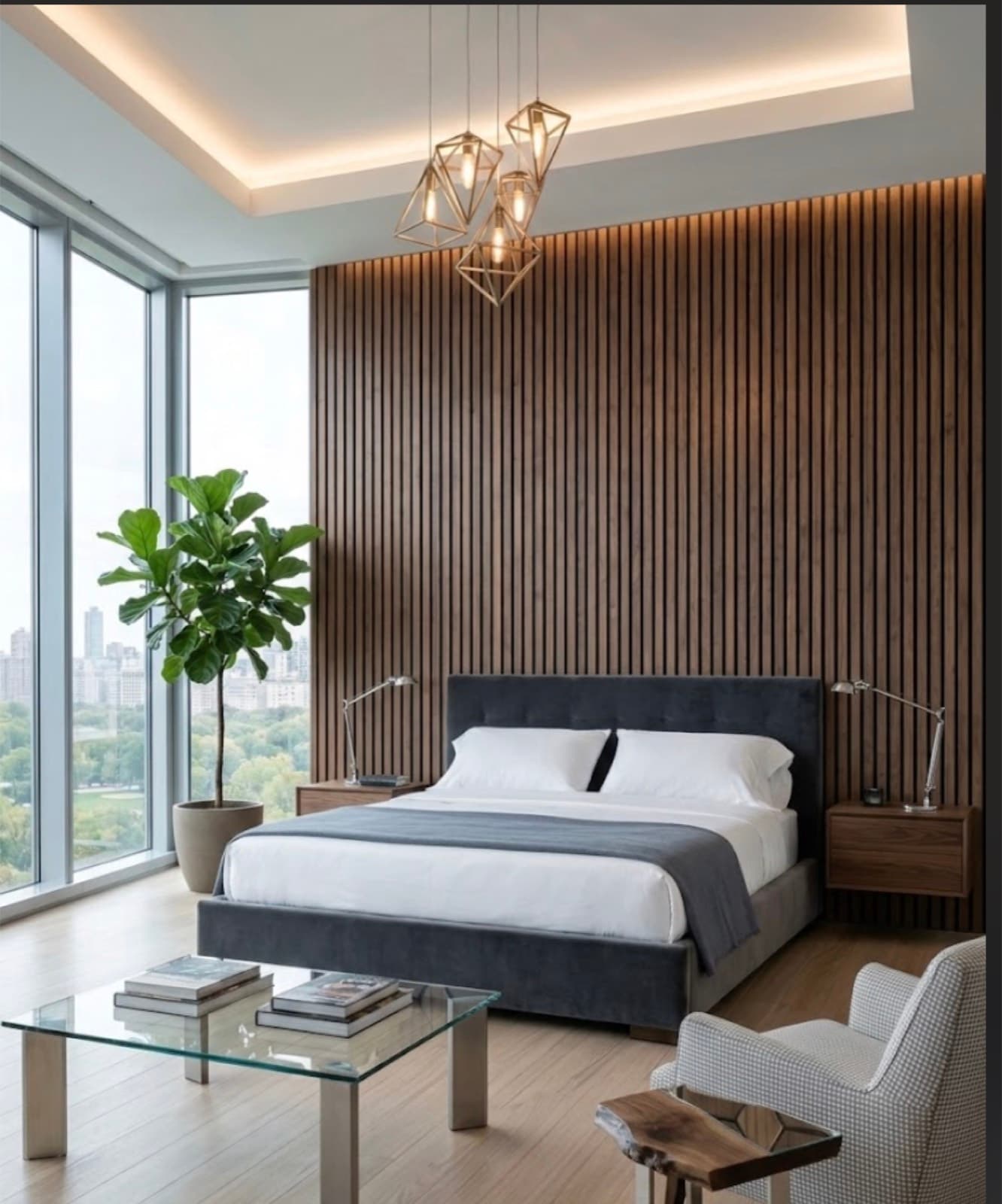 Walnut acoustic wall panels in a modern interior